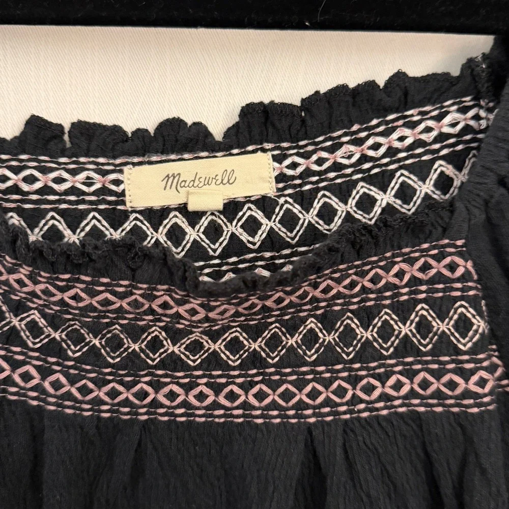 Madewell Embroidered Puff Sleeve Top Womens Medium Black‎ Pink Square Neck